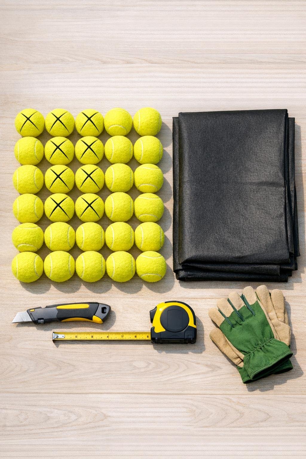 Tennis balls and landscape fabric laid out as project materials