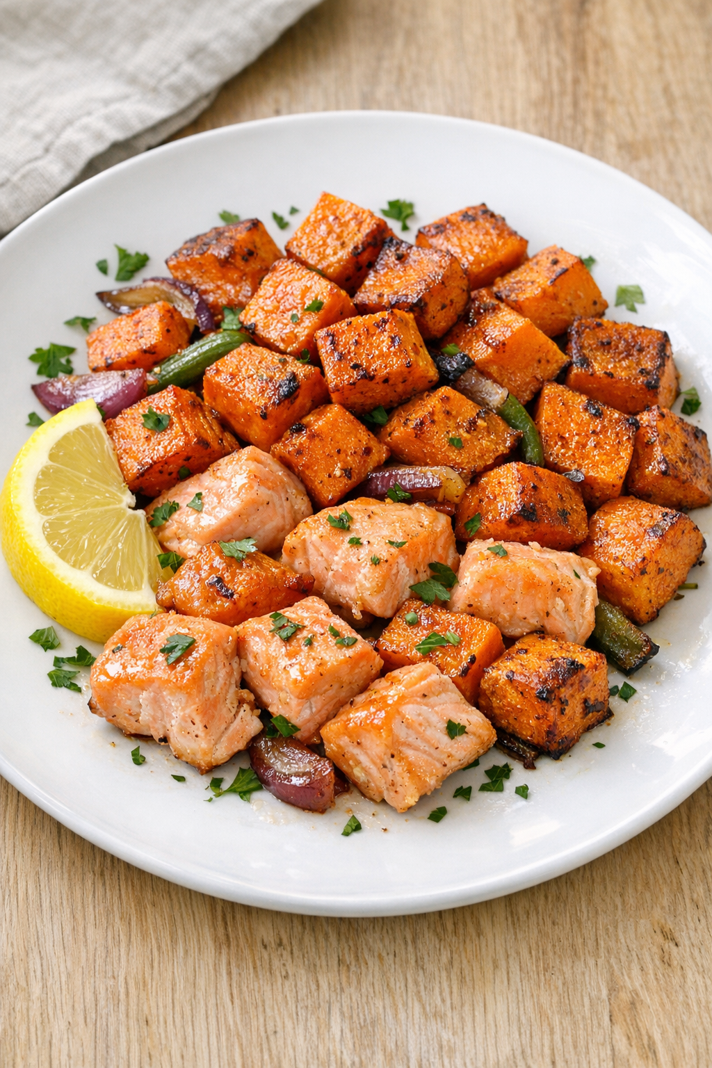 Finished baked salmon and roasted sweet potatoes on a plate