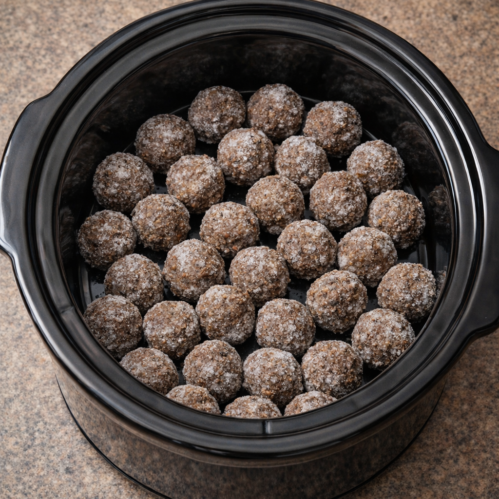 Frozen meatballs in a slow cooker before sauce is added