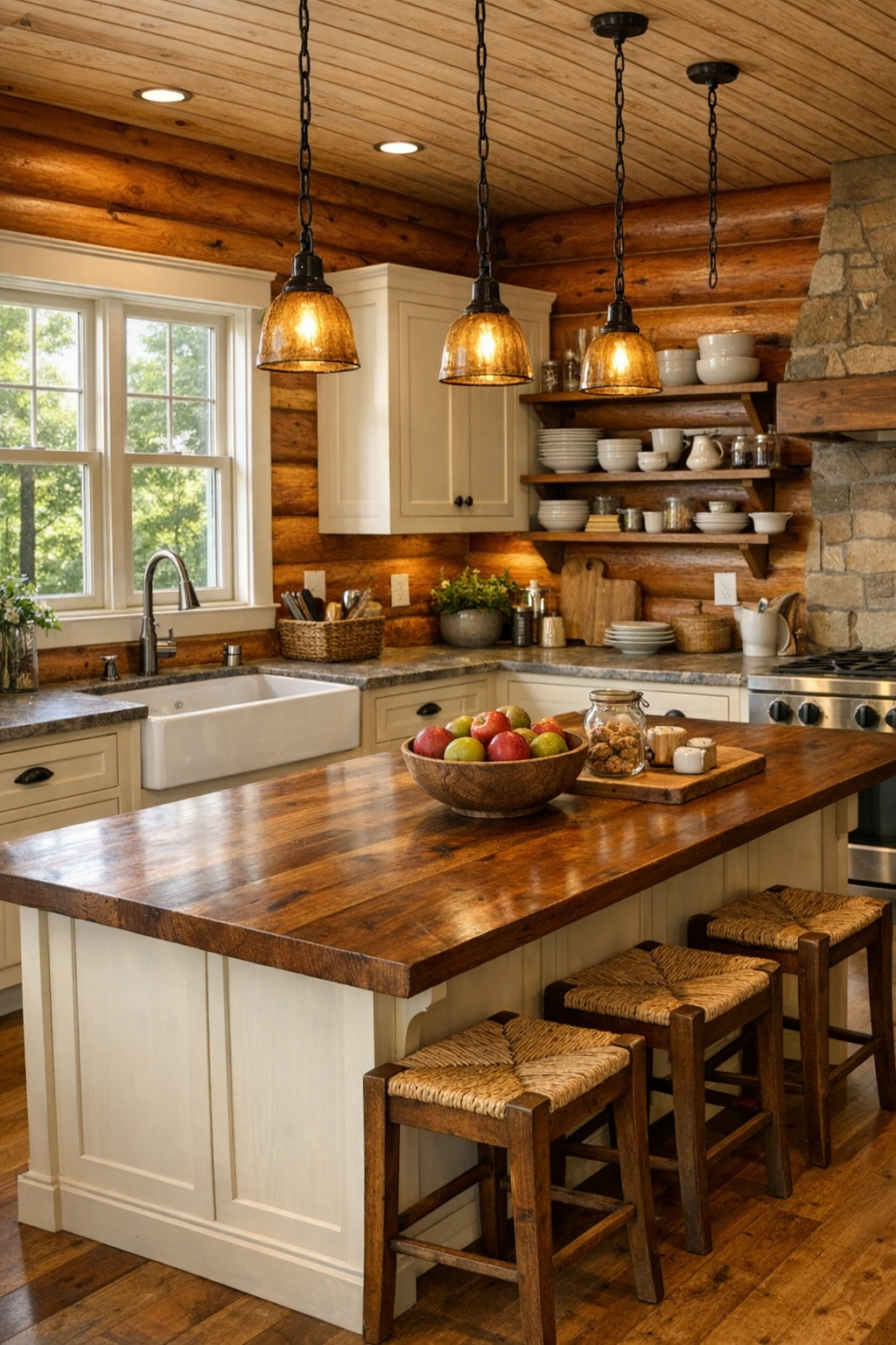 Inviting rustic kitchen with cream cabinets, stone counters, wood island, and cedar log walls