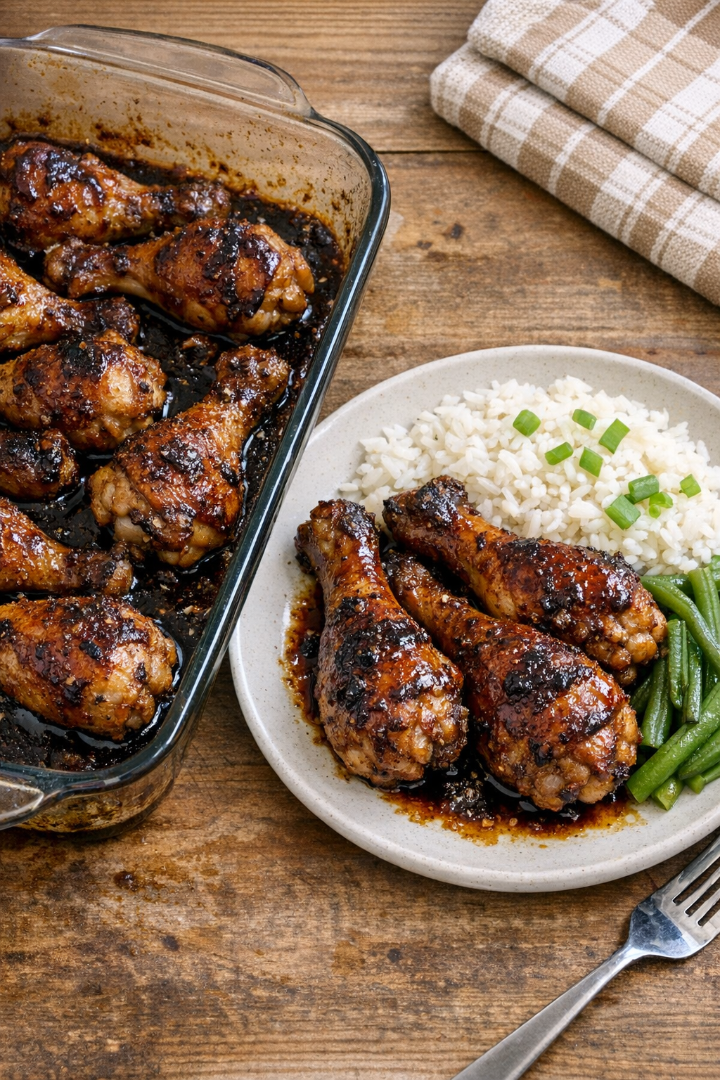 Finished glazed chicken drumsticks on a platter