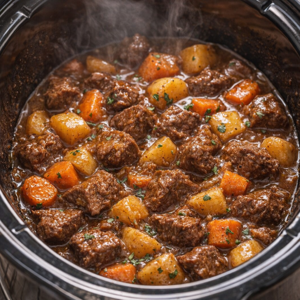 Finished beef stew inside the slow cooker with tender vegetables
