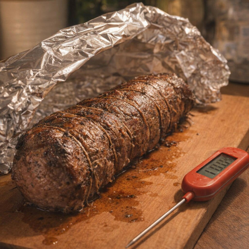 Cooked beef tenderloin resting under foil on a cutting board
