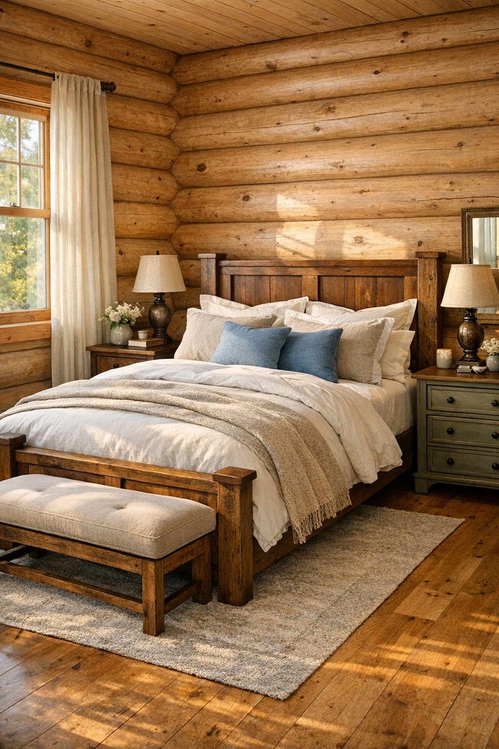 Cozy log home bedroom with layered neutral bedding and soft blue accents