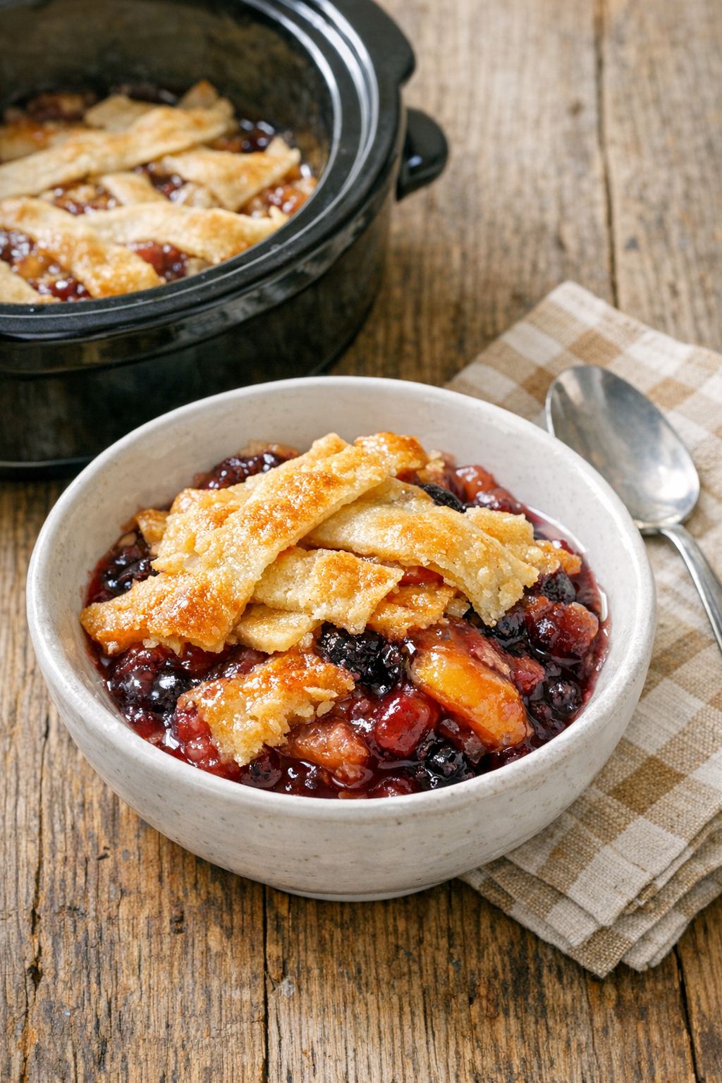 Finished slow cooker summer pie crust dessert in a rustic serving dish
