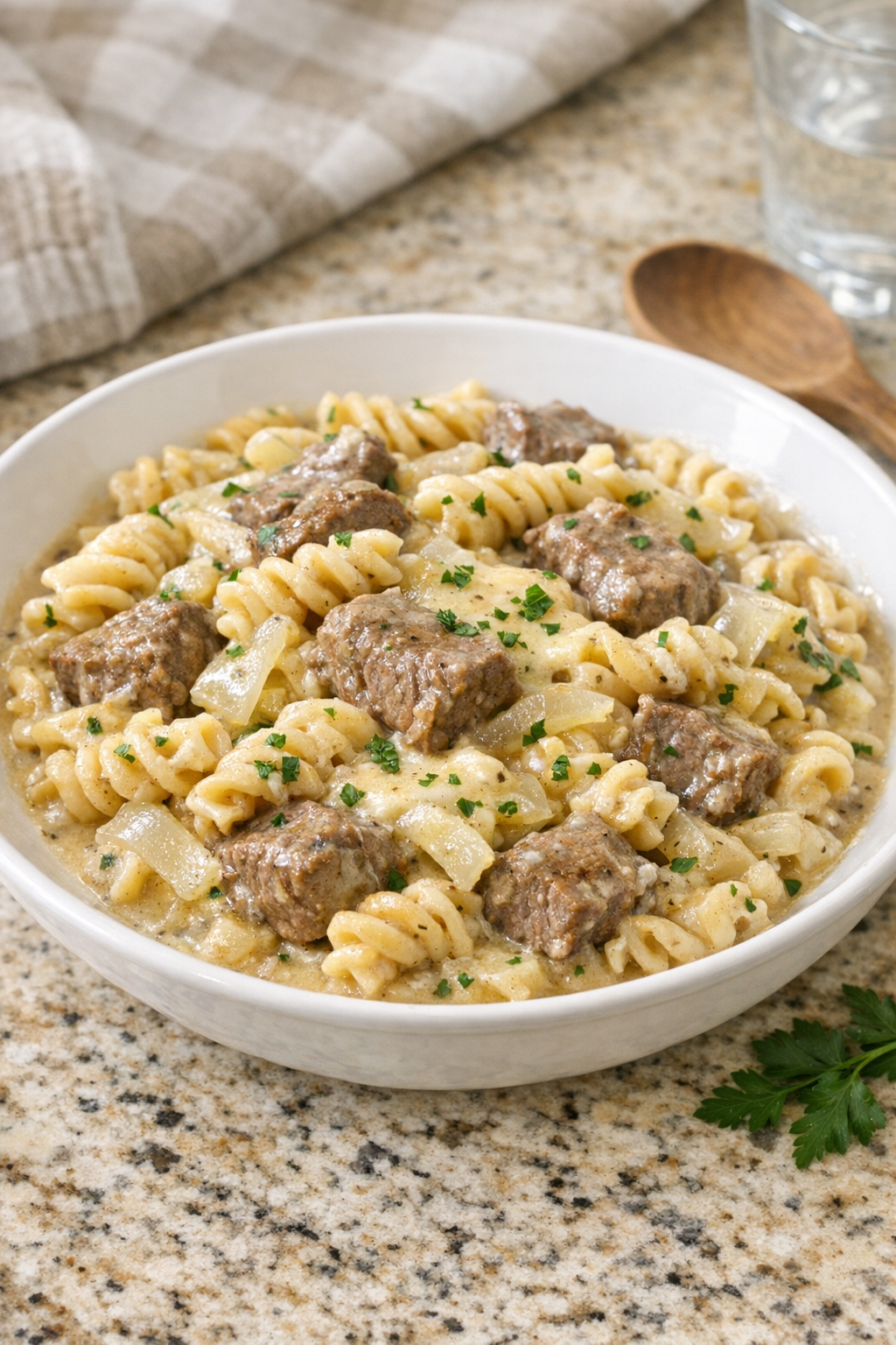 Finished Amish Swiss beef pasta plated in a shallow bowl