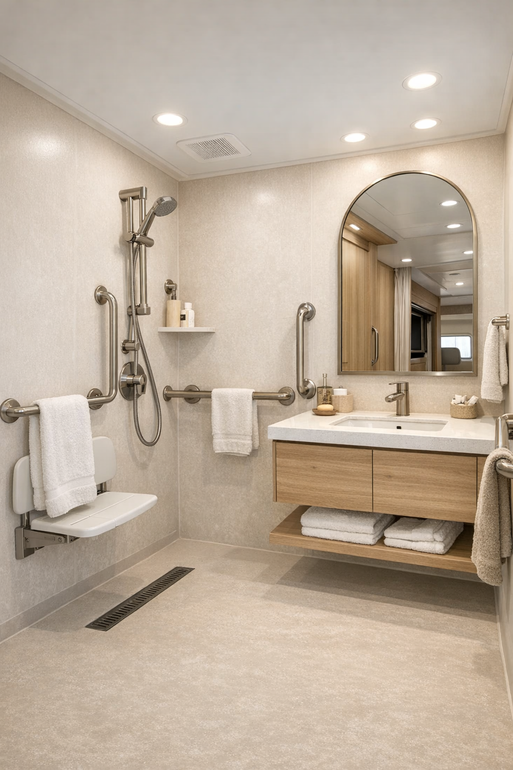 Accessible RV bathroom with curbless shower and soft blush details