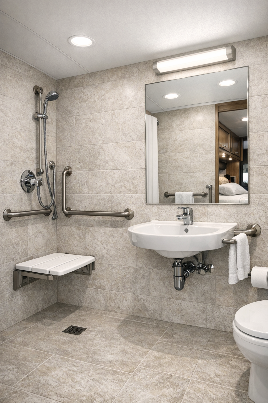 Accessible RV bathroom with barrier-free shower and light stone-look finishes