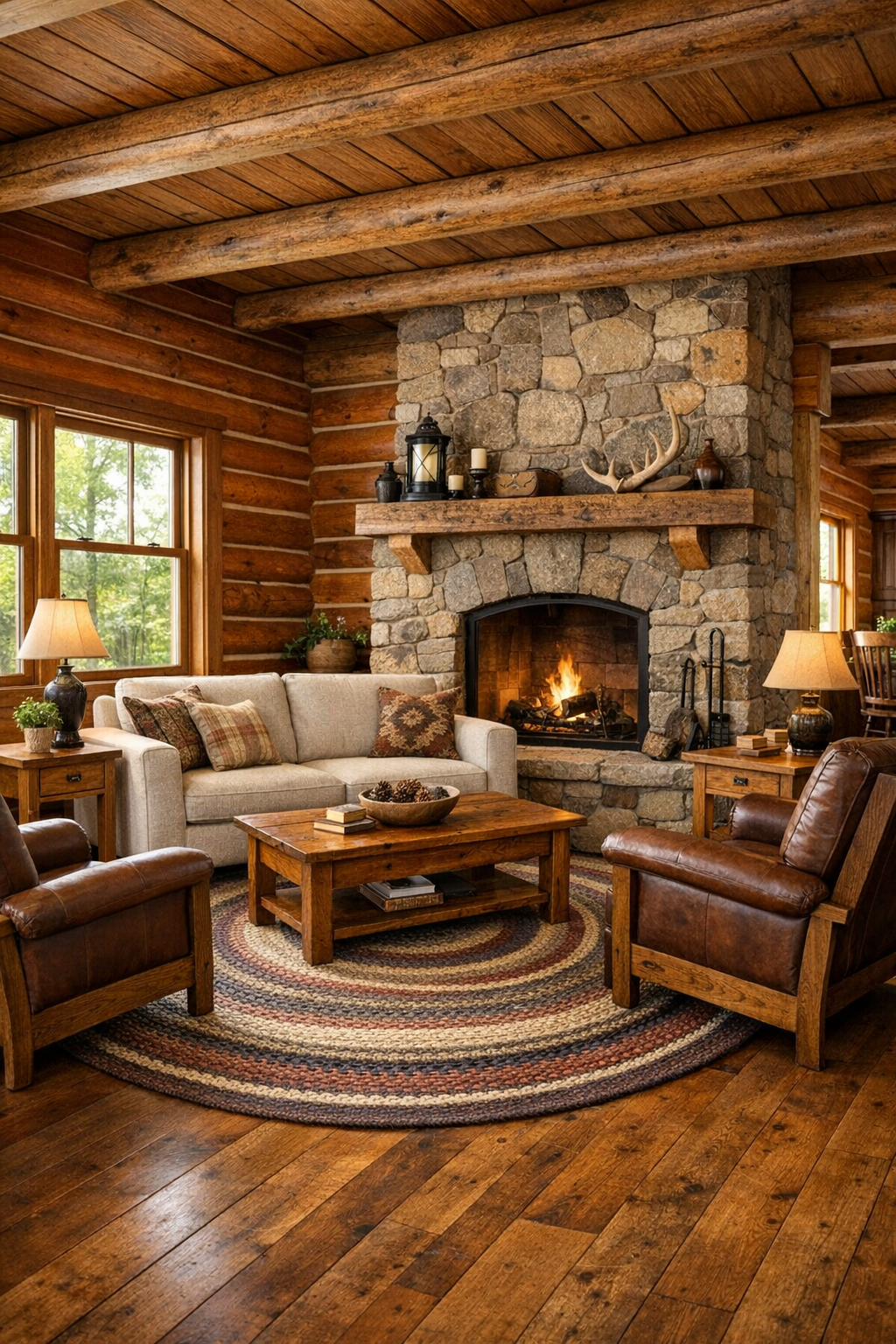 Warm log home living room with cedar walls, exposed beams, Amish-made furniture, and a stone fireplace