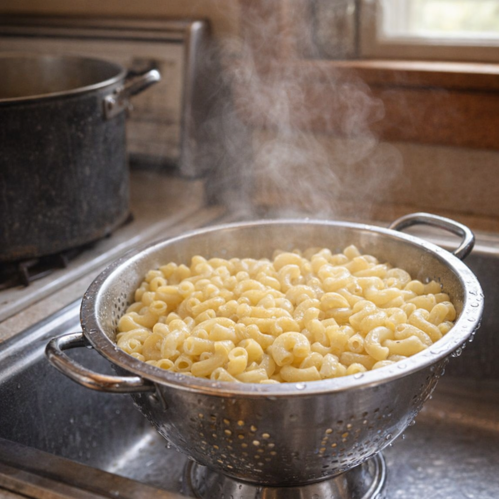 Elbow macaroni draining in a colander by the stove
