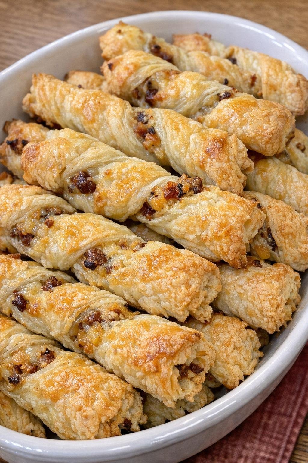 Golden flaky pastry twists with savory filling in a serving dish