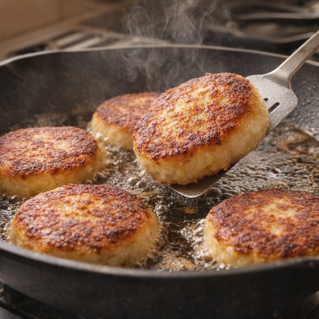 Potato cakes frying in a skillet until golden brown