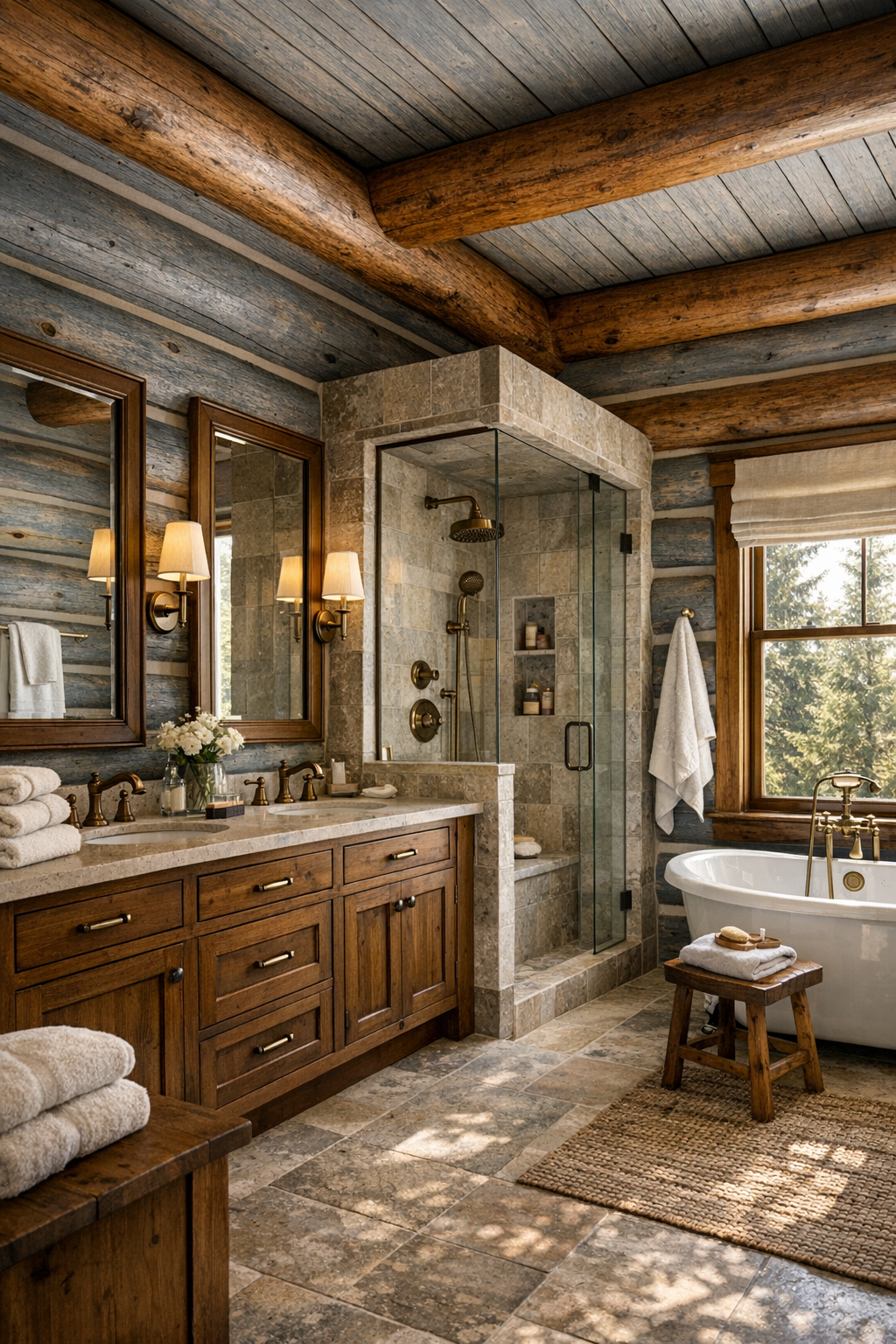 Rustic refined bathroom with wood vanity, stone surfaces, and a freestanding tub