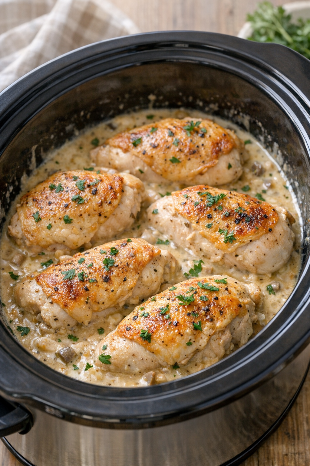 Cooked chicken in creamy sauce inside the slow cooker