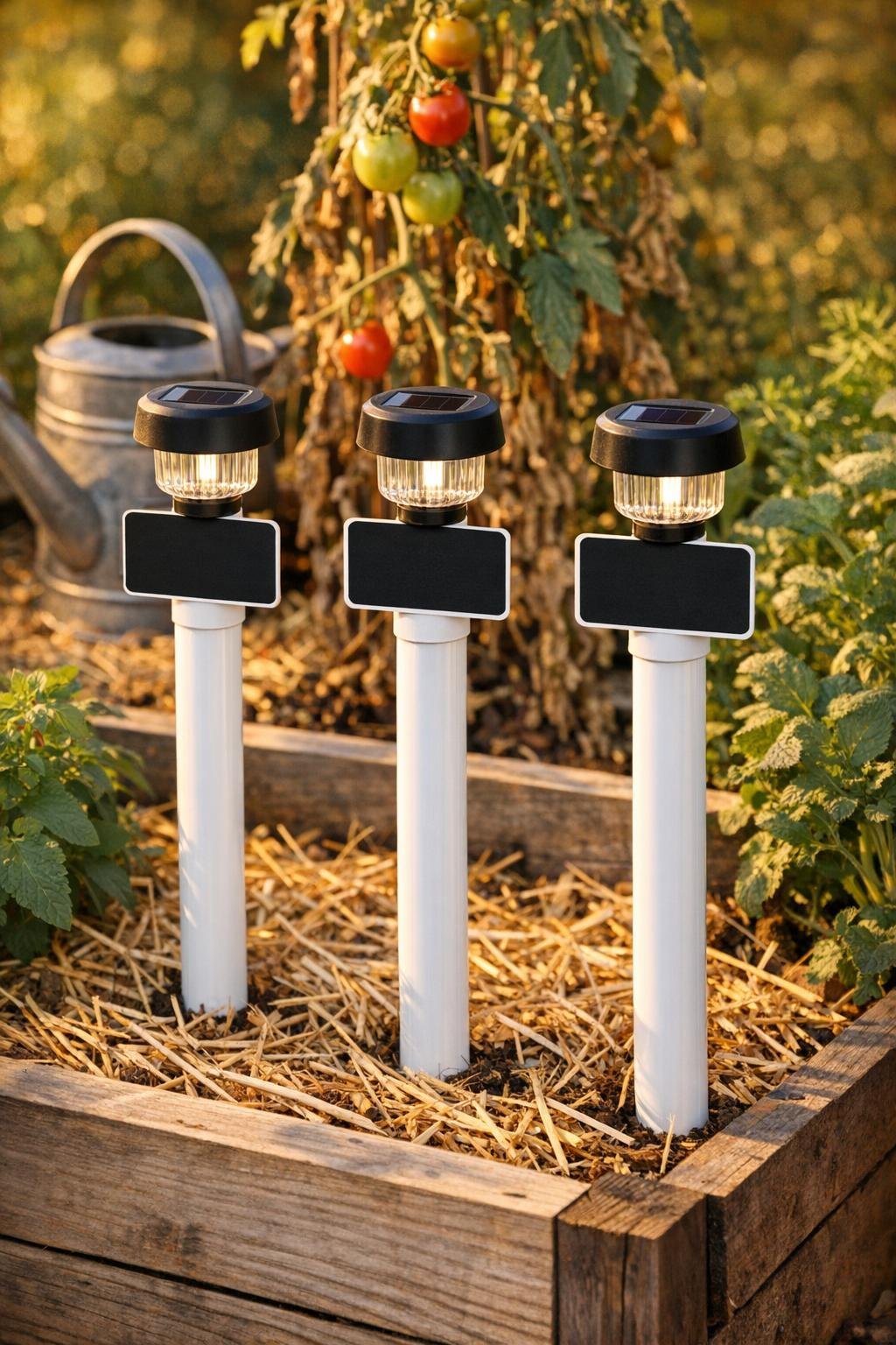 Finished raised bed marker stakes made from PVC pipe displayed in a garden bed