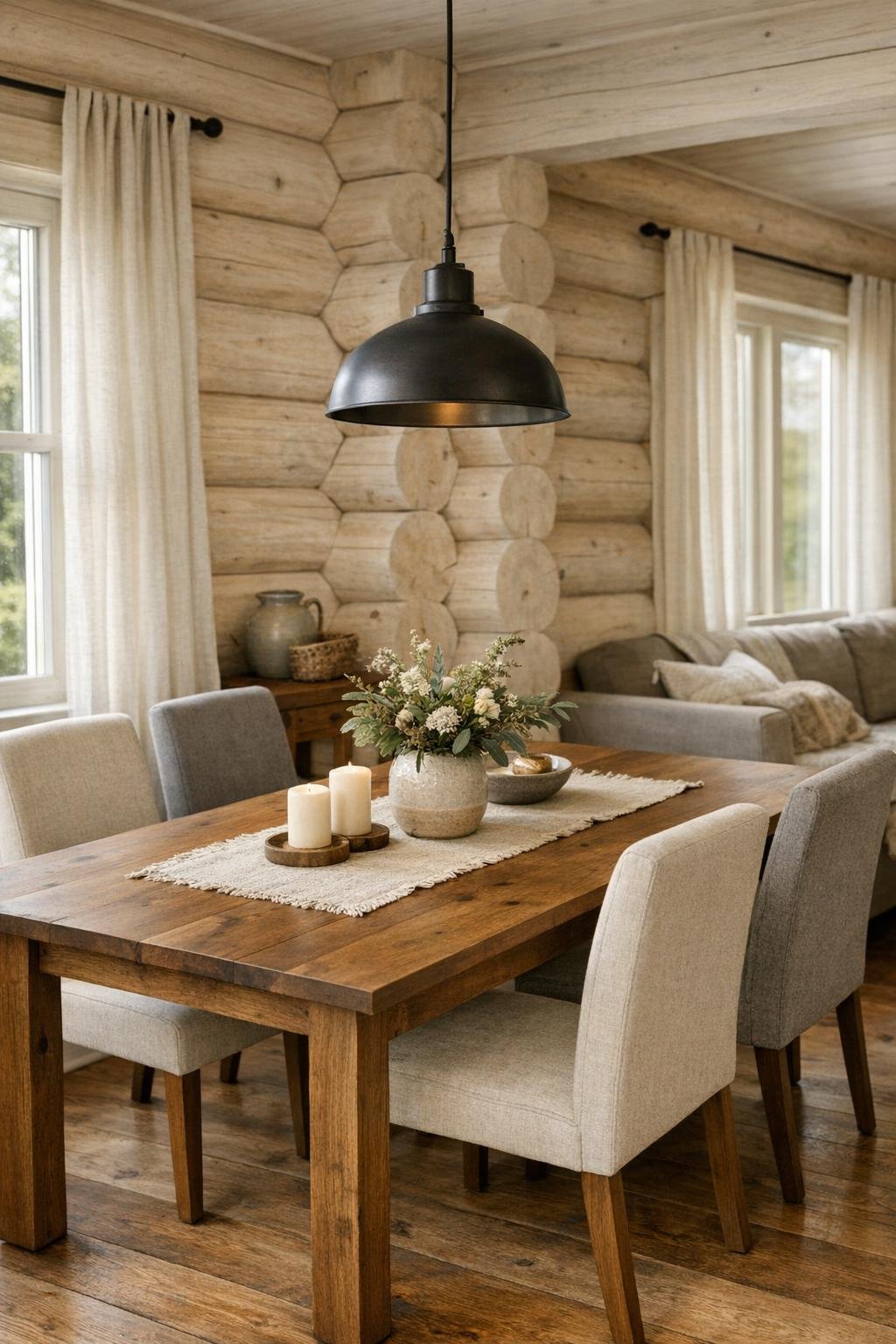Warm dining room with a wood table and upholstered chairs inside a bright log home