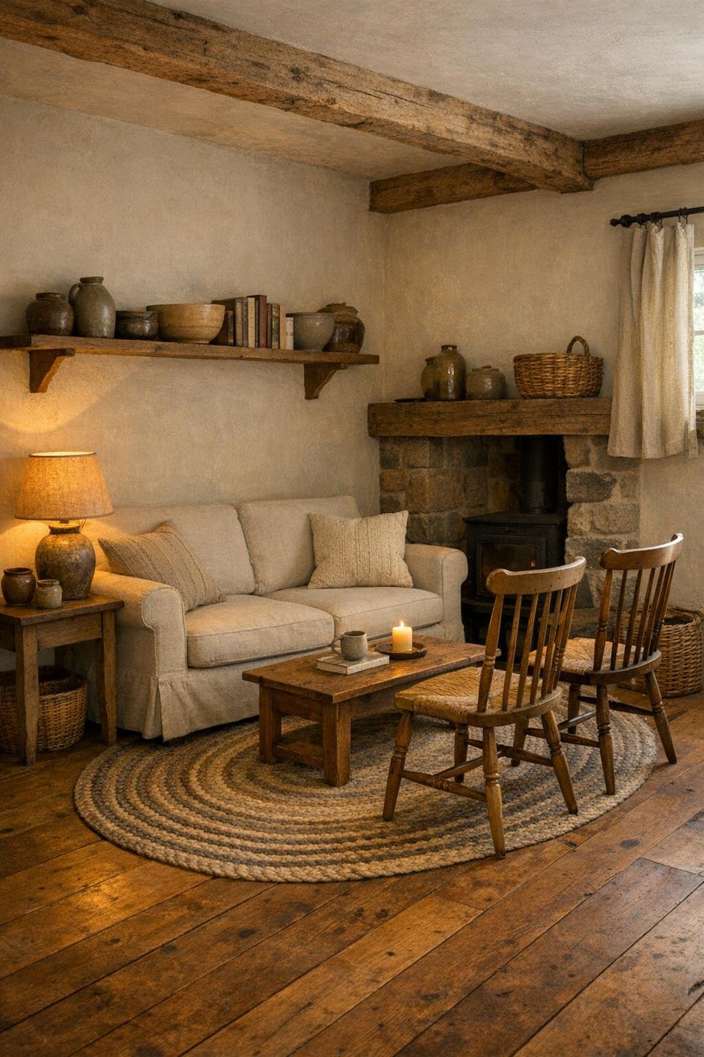 Cozy tiny home living room with linen sofa, wood floors, and farmhouse textures