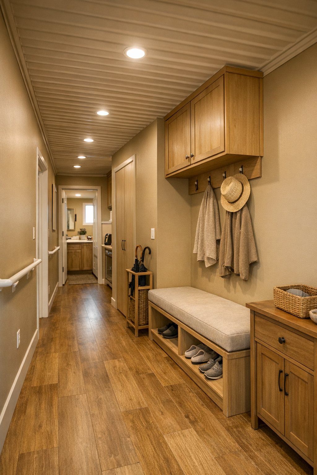 Wide hallway and entry area with built-in bench, simple storage, and warm continuous flooring