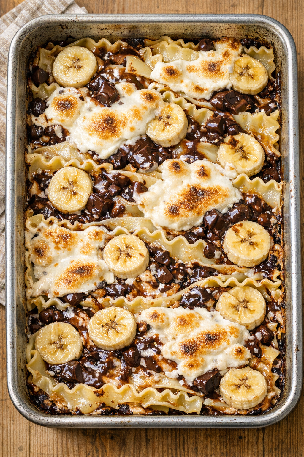 Finished baked banana split lasagna noodle dessert in a roasting pan