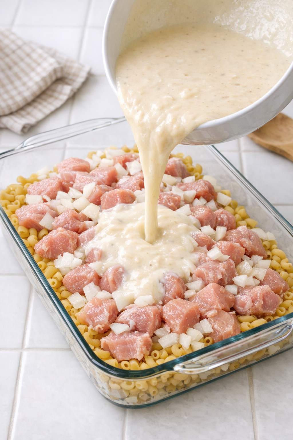 Soup mixture poured over pork and macaroni in casserole dish