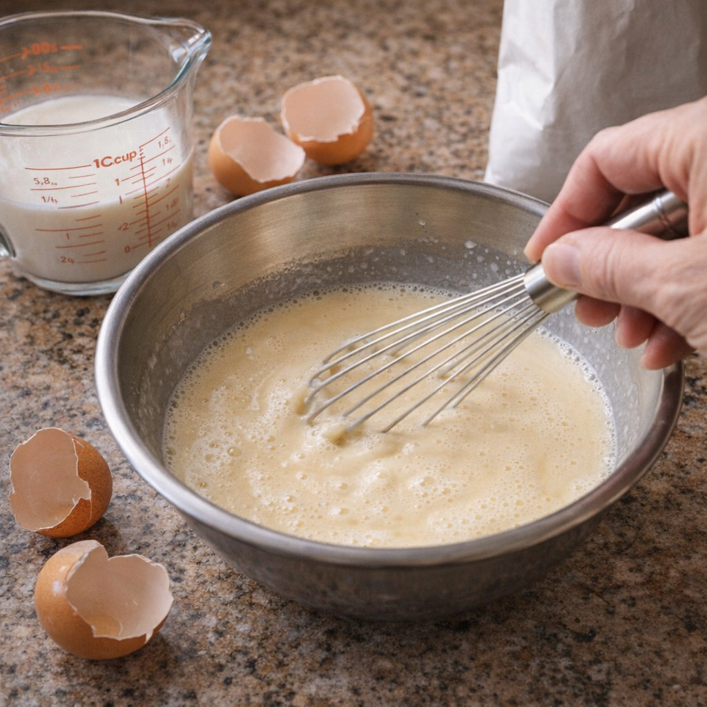 Custard mixture being whisked in a mixing bowl