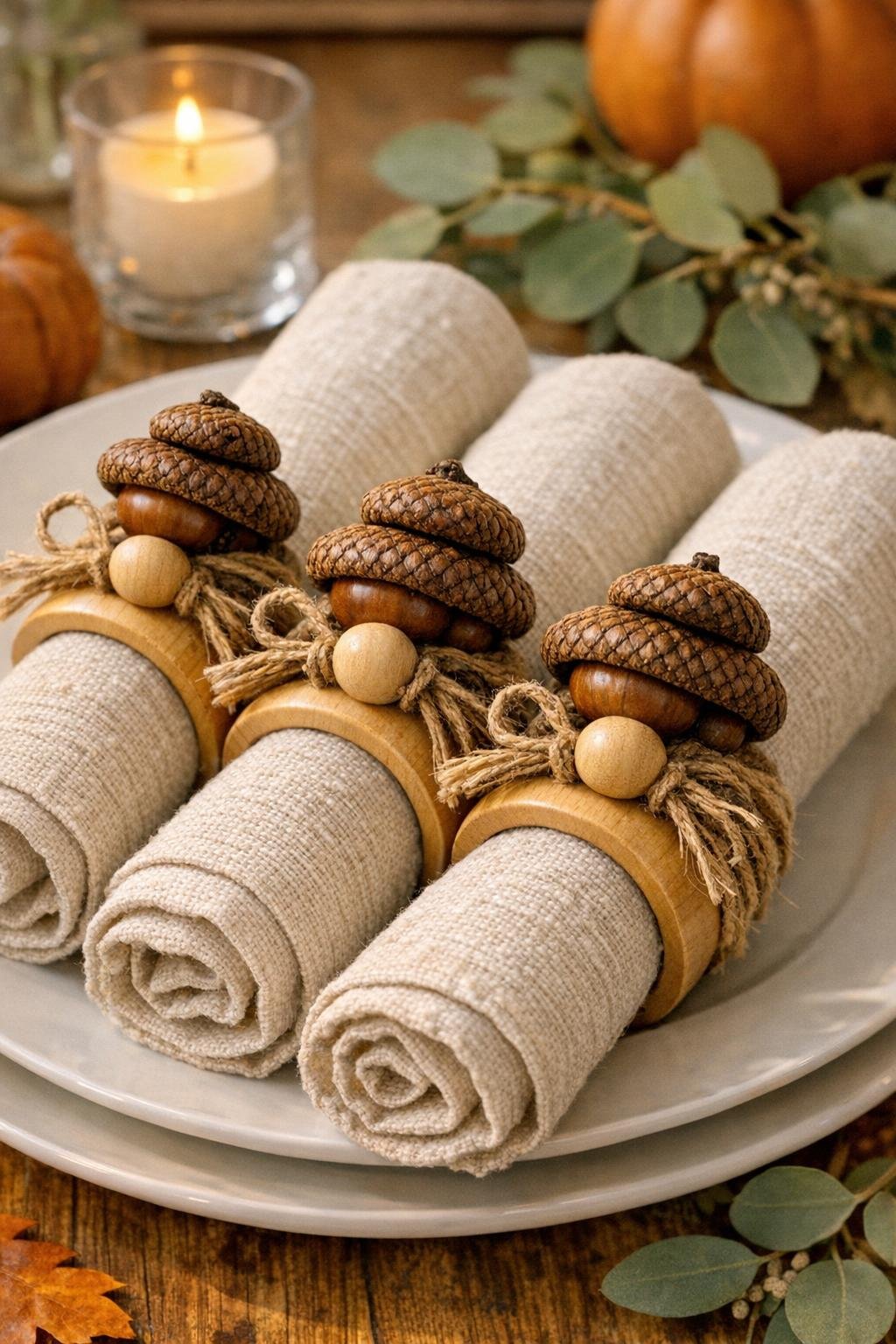 Finished acorn top napkin rings on a styled table
