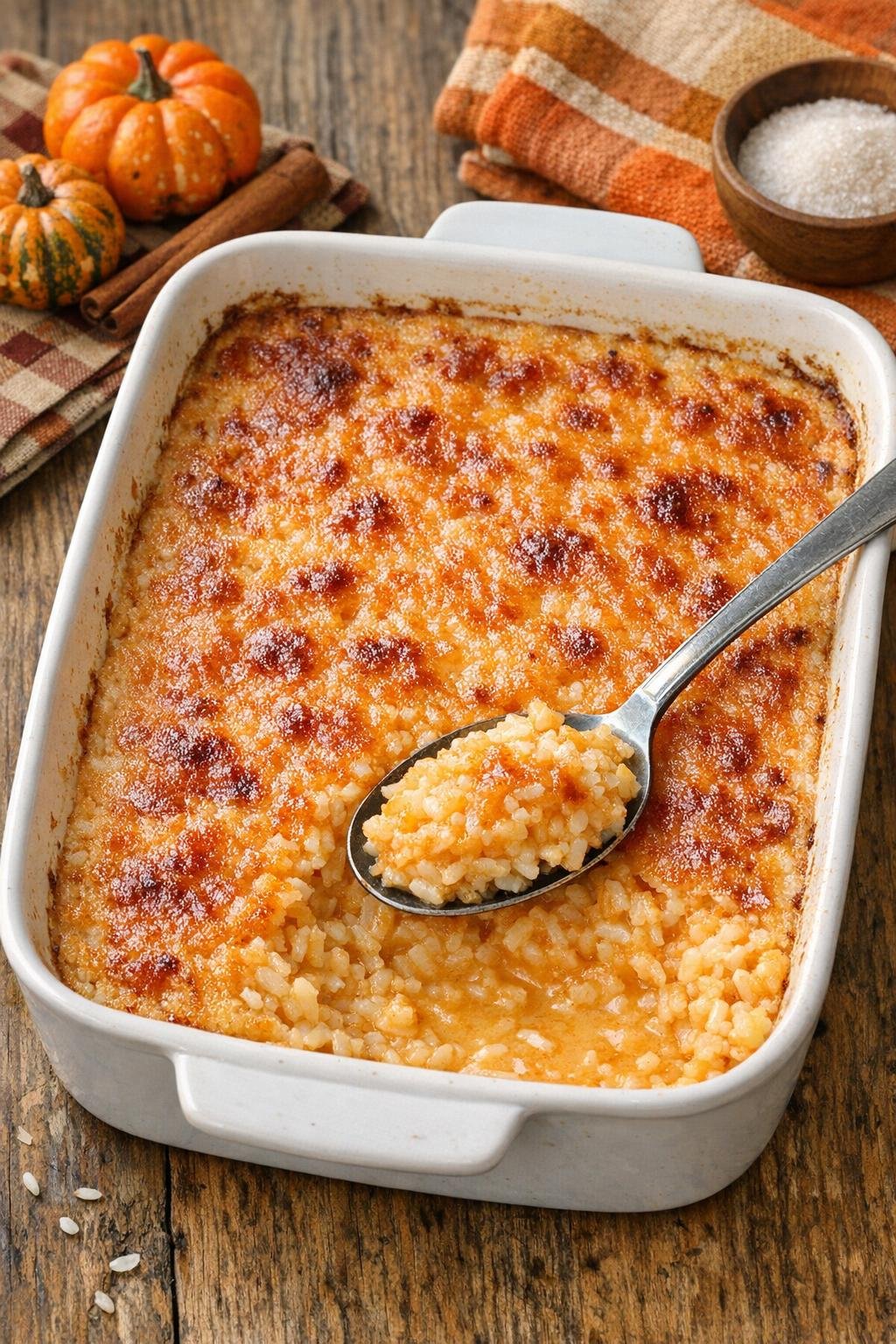 Finished baked Halloween rice dessert in a casserole dish
