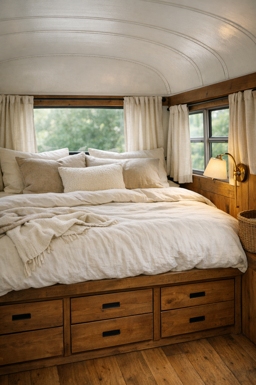 Peaceful converted bus bedroom with a built-in bed, layered bedding, and warm wood storage