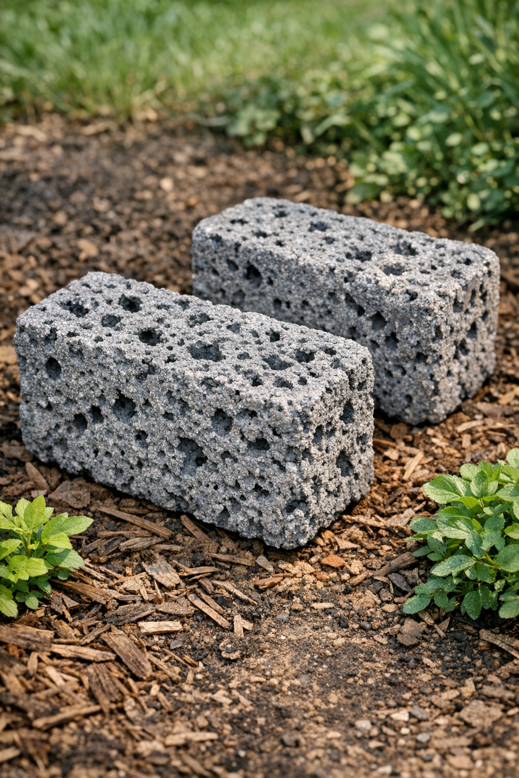 Finished porous cement garden bricks made from car sponges placed in a garden bed