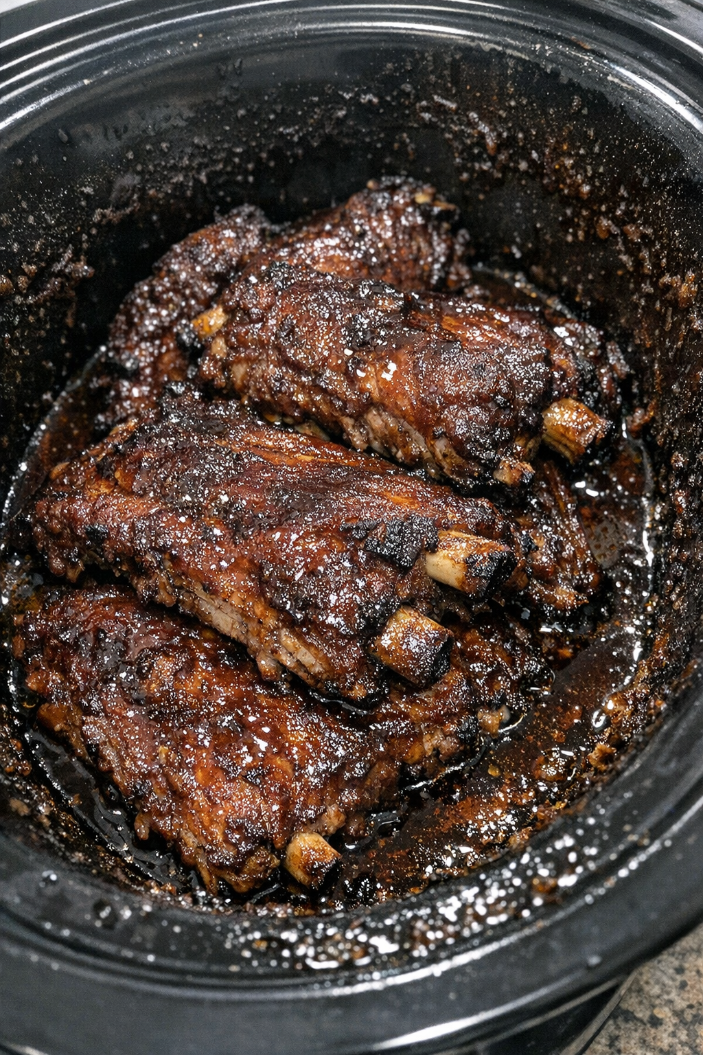 Slow cooker baby back ribs with dark amber glaze