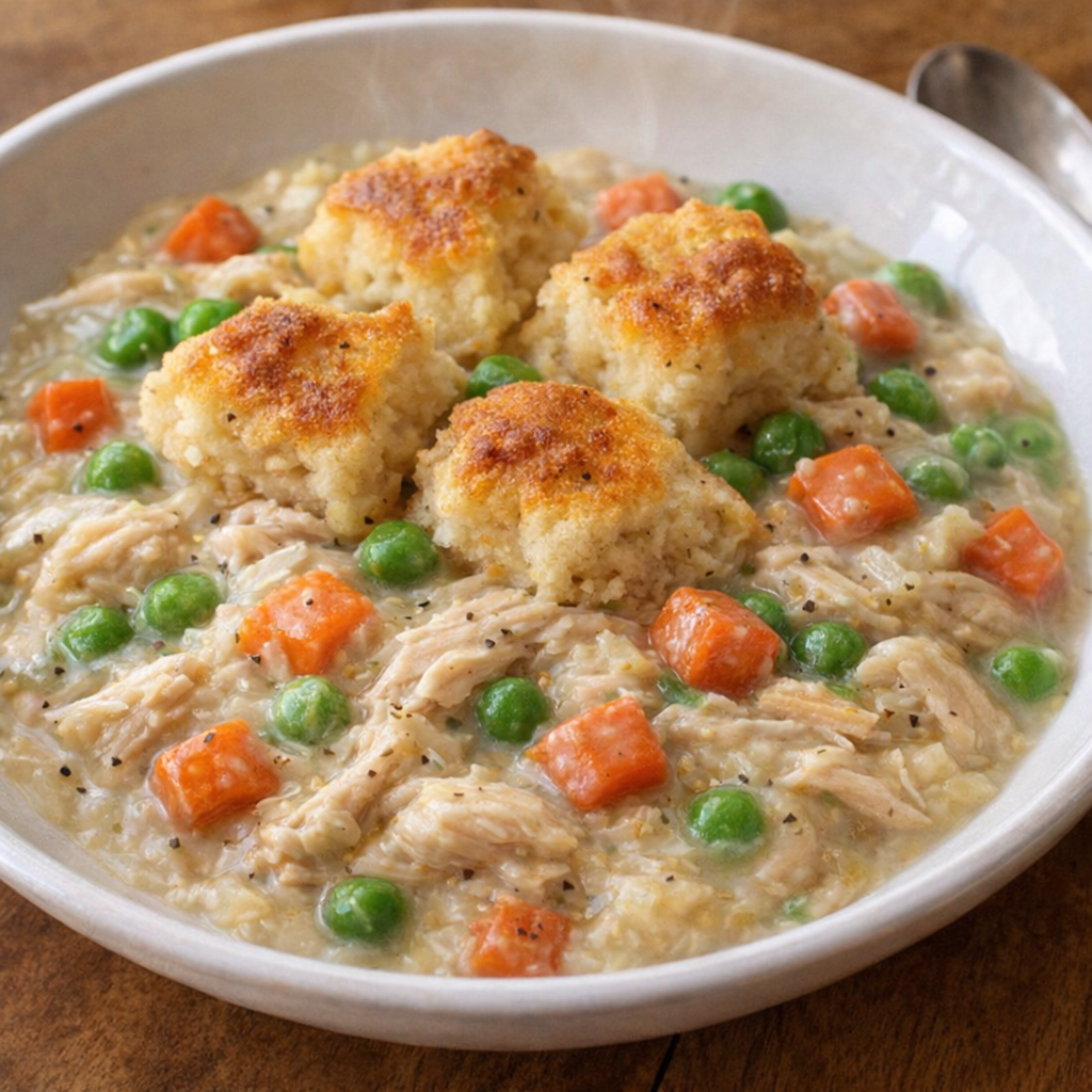 Creamy chicken pot pie filling topped with golden biscuit pieces in a shallow bowl