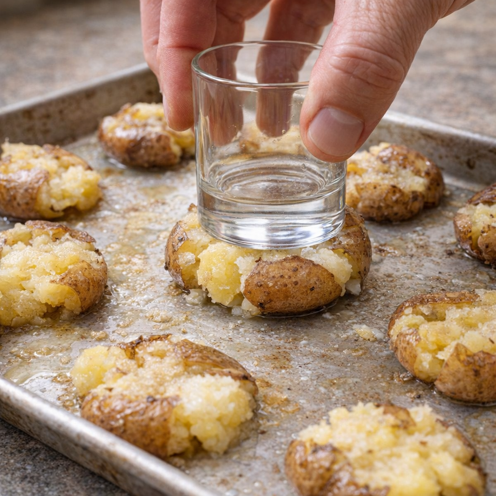 Potatoes being smashed on a baking sheet
