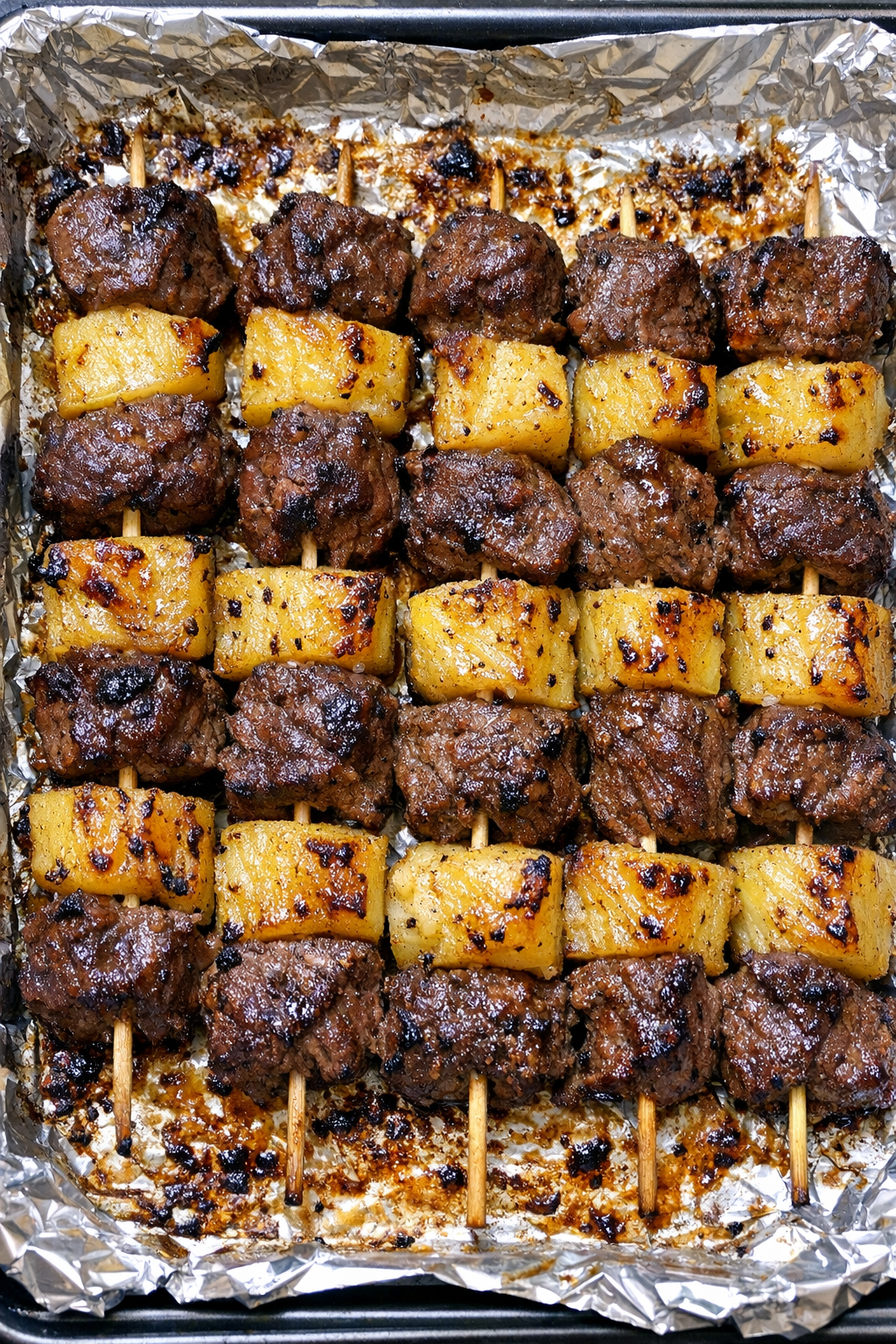 Oven baked beef and pineapple skewers on a foil-lined baking sheet