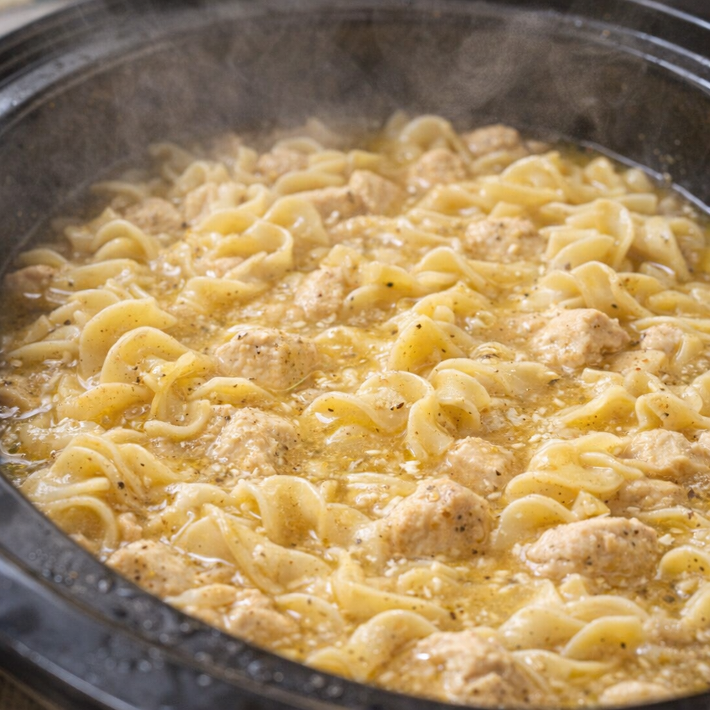 Noodles softening in the buttery broth