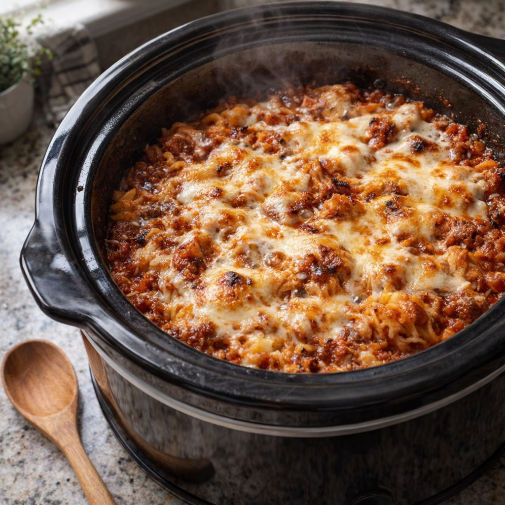 Slow cooker radiatori bake on a cozy kitchen counter
