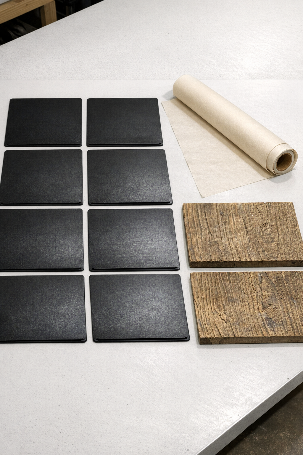 Plastic clipboards, parchment paper, and a textured pressing board laid out for the project
