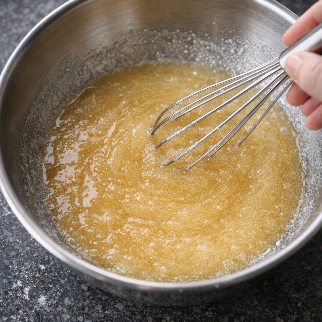 Butter and sugar being whisked in a mixing bowl