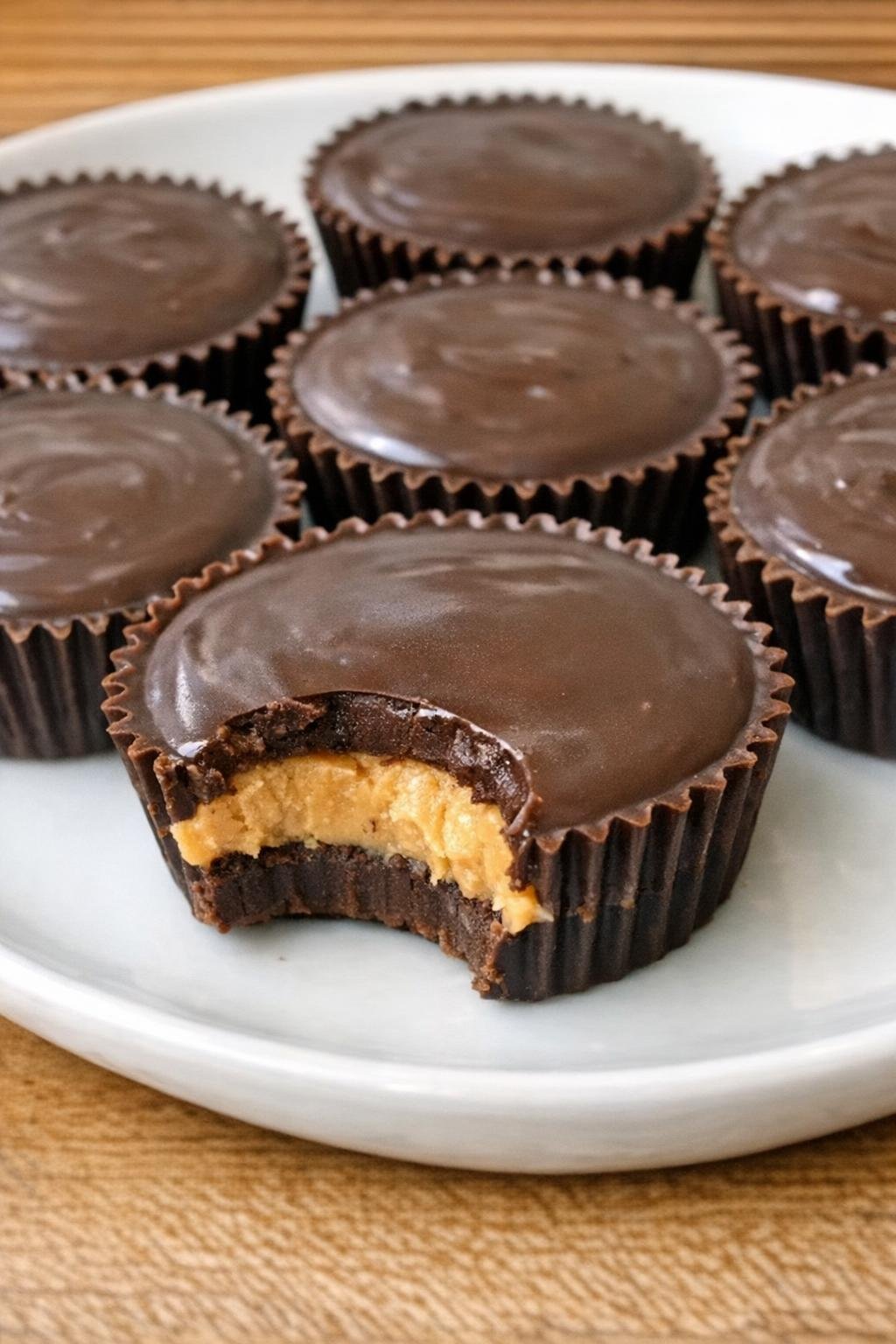 Glossy dark chocolate cups with peanut butter center on a white plate
