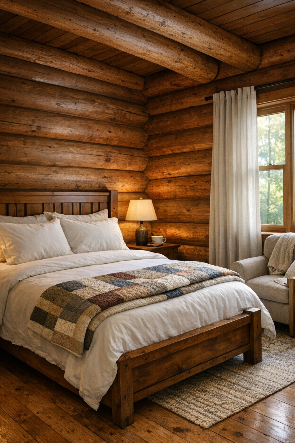 Peaceful log home bedroom with layered neutral bedding and soft natural light
