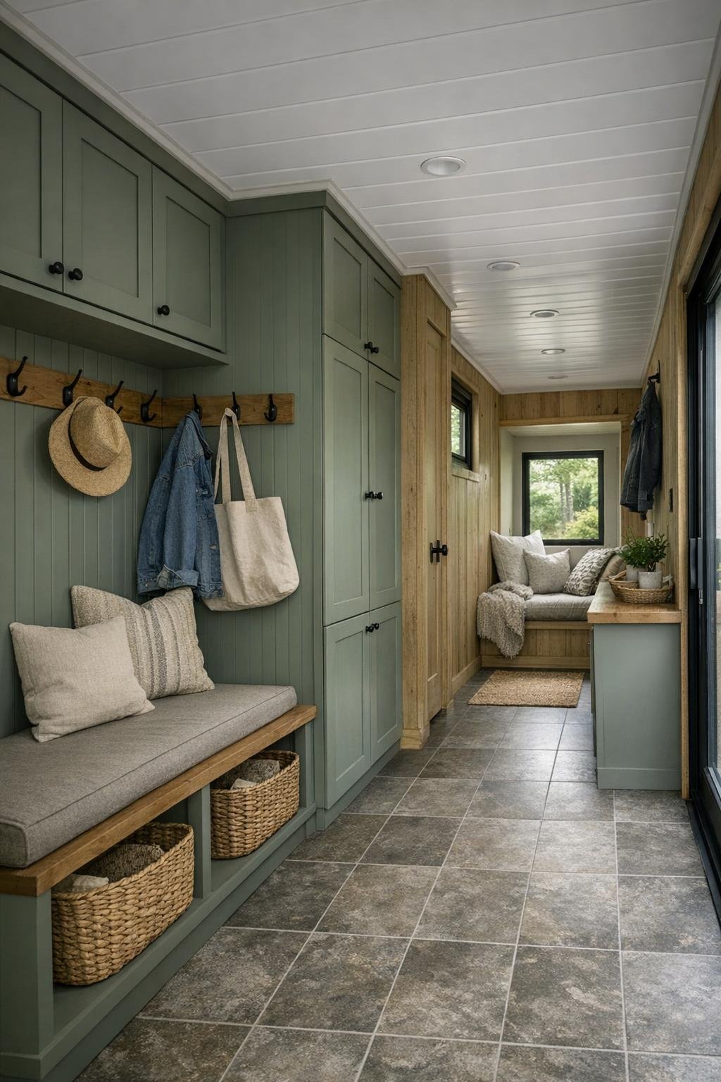 Built-in hallway nook and entry area with storage, bench seating, and soft light