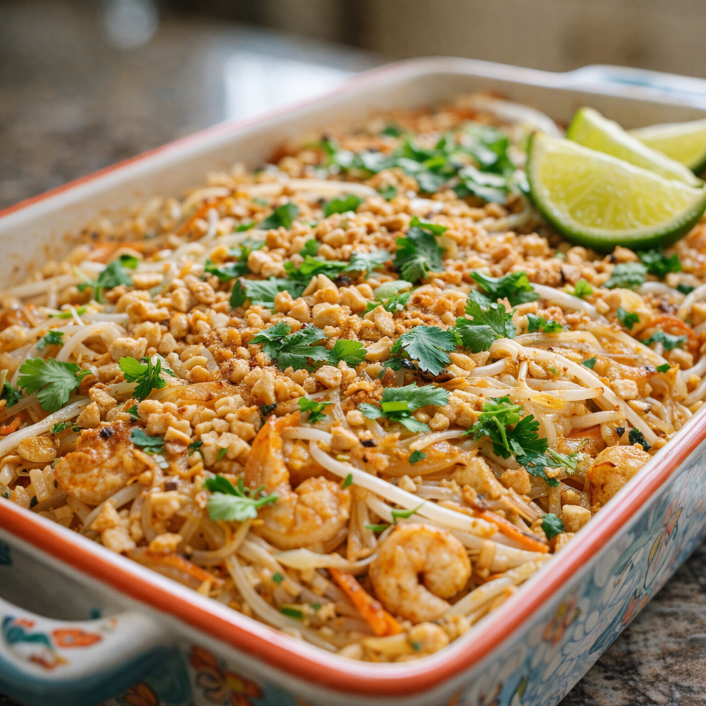 Close-up of finished casserole with peanuts and cilantro