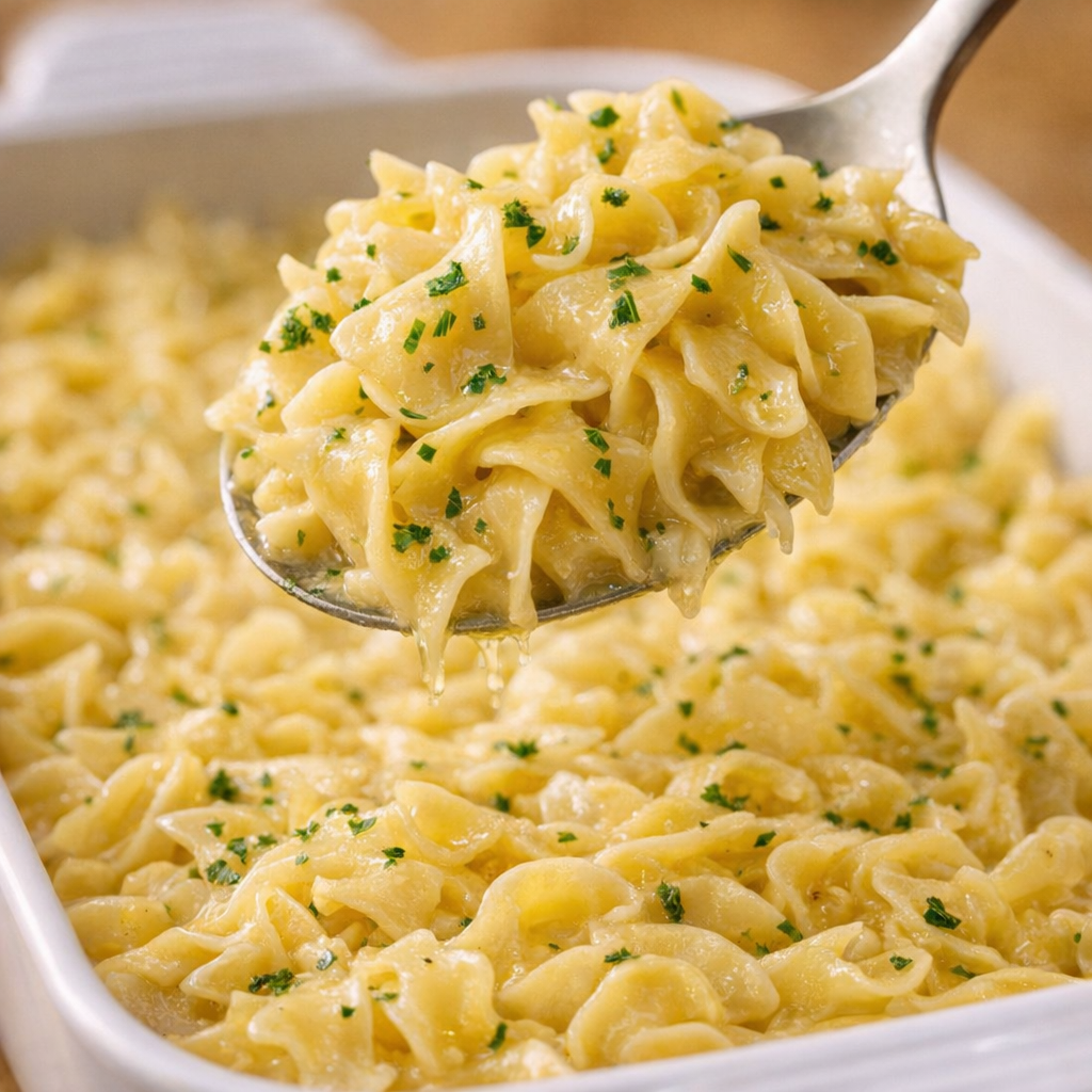 Close-up of creamy buttered noodles with parsley in a serving spoon