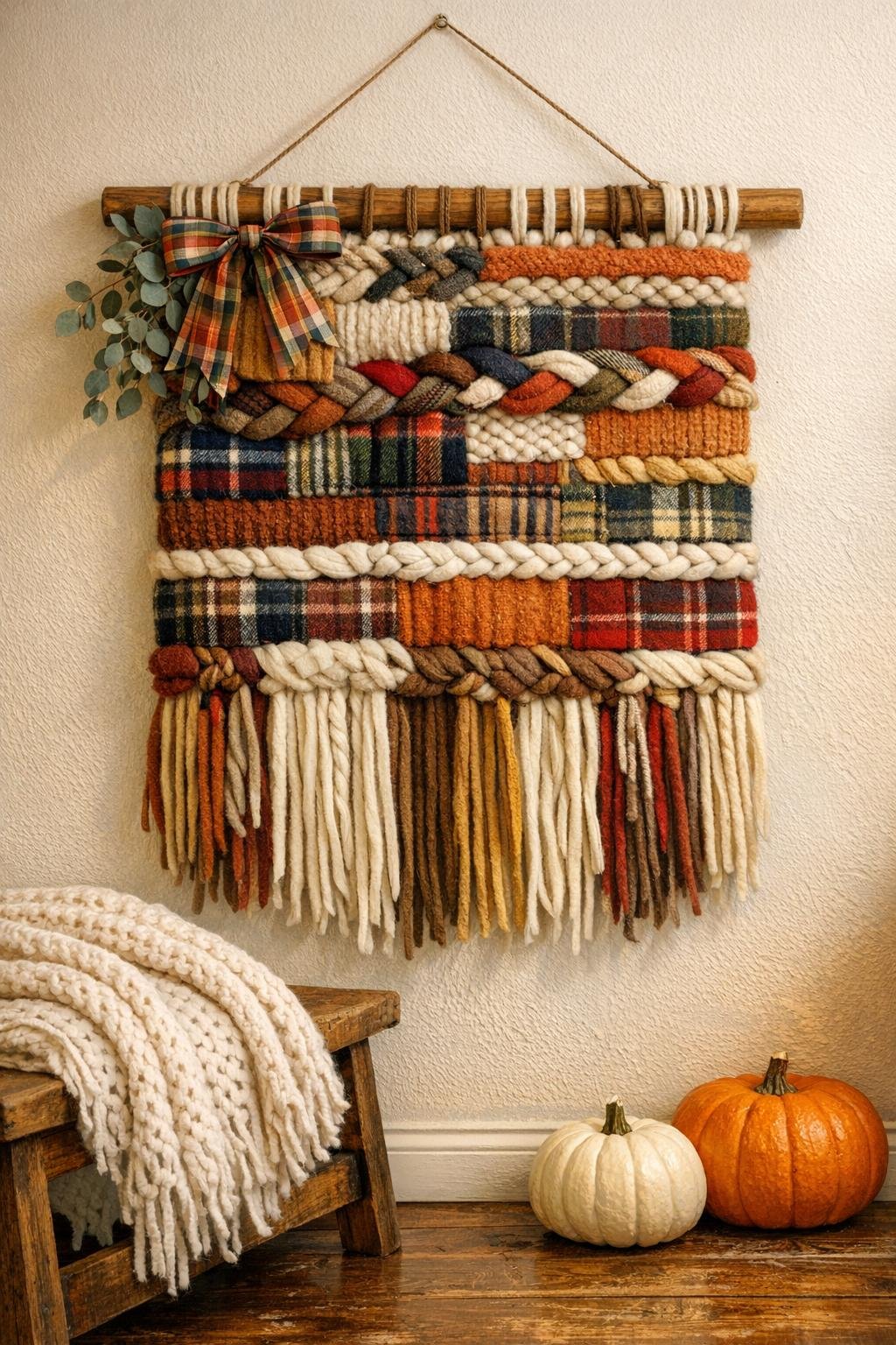 Finished fall woven wall hanging made from old wool scarves