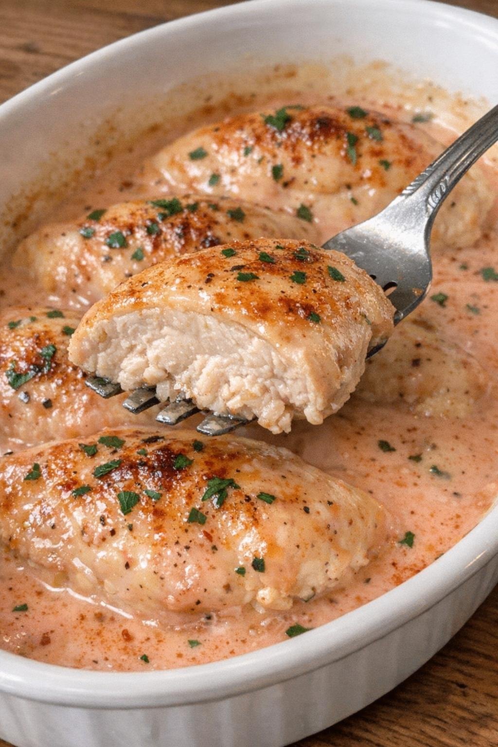 Glazed chicken breasts in pale pink sauce in a white oval serving dish