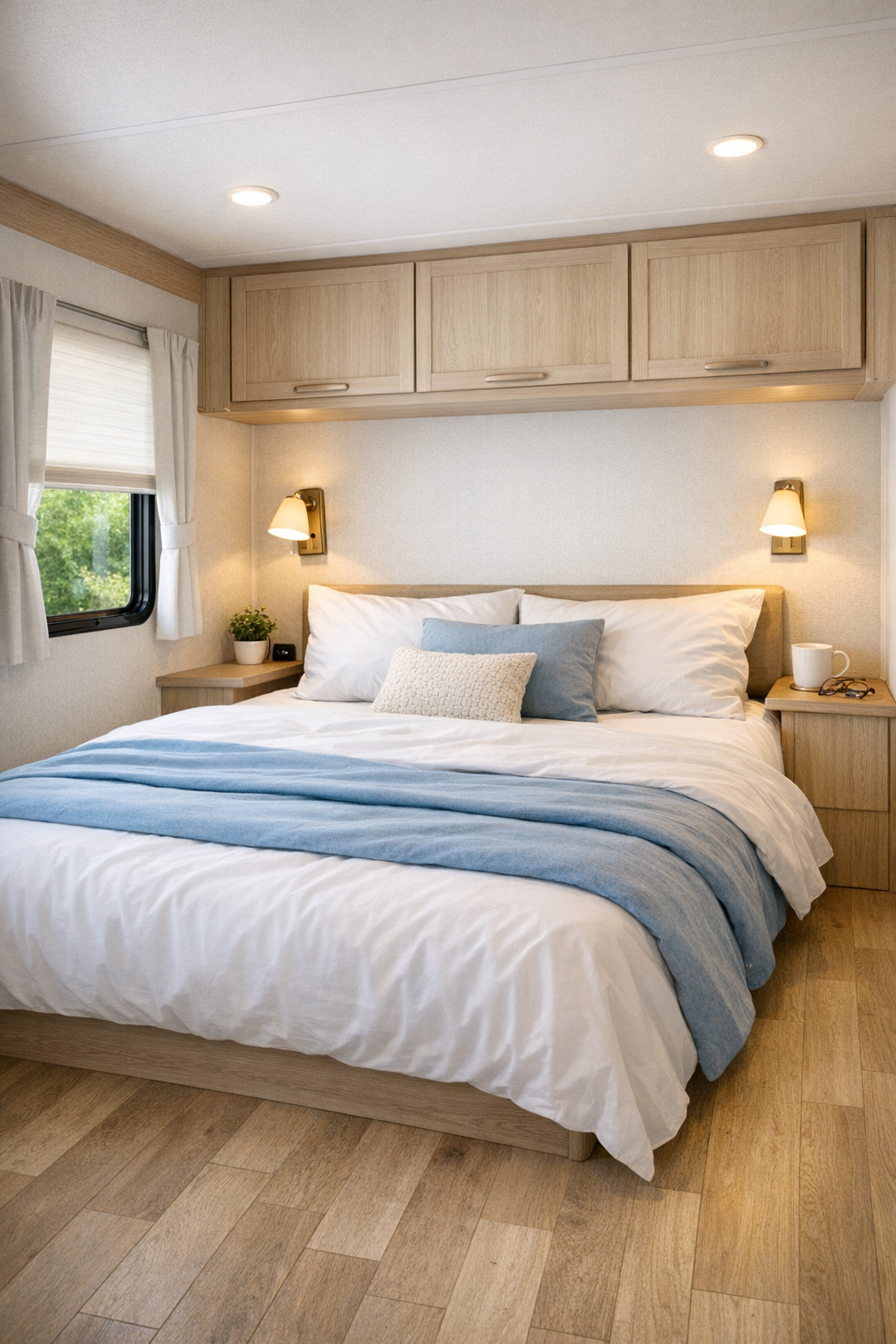 RV bedroom with low bed, soft blue and white linens, and built-in storage