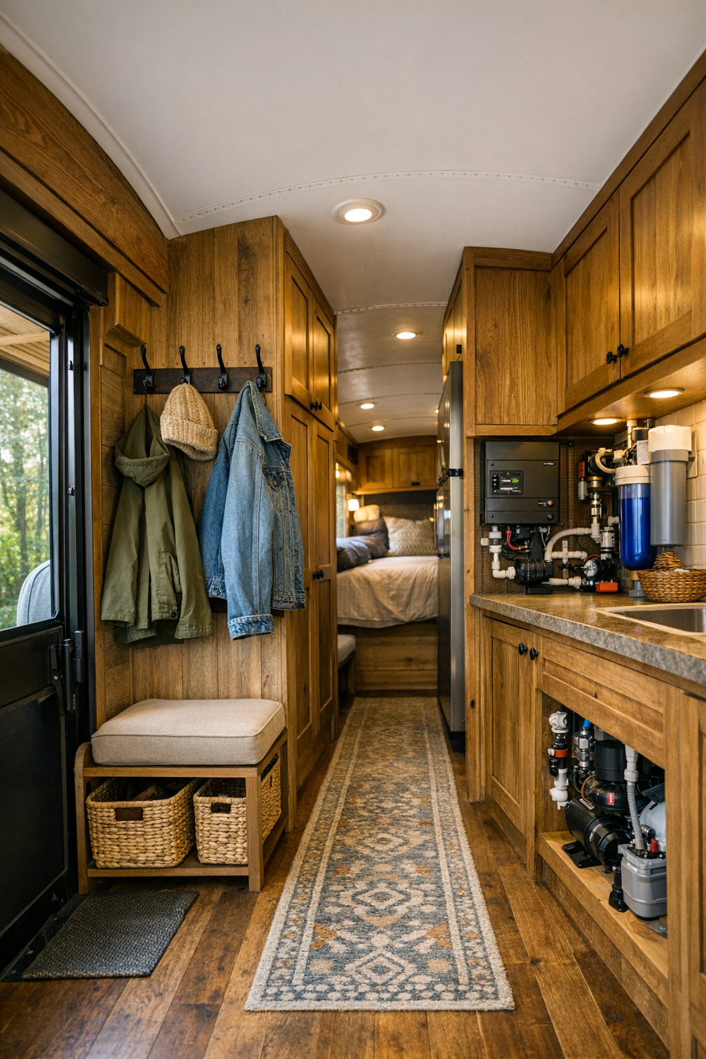 Functional entry and hallway area inside the converted bus with storage, hooks, and rustic finishes