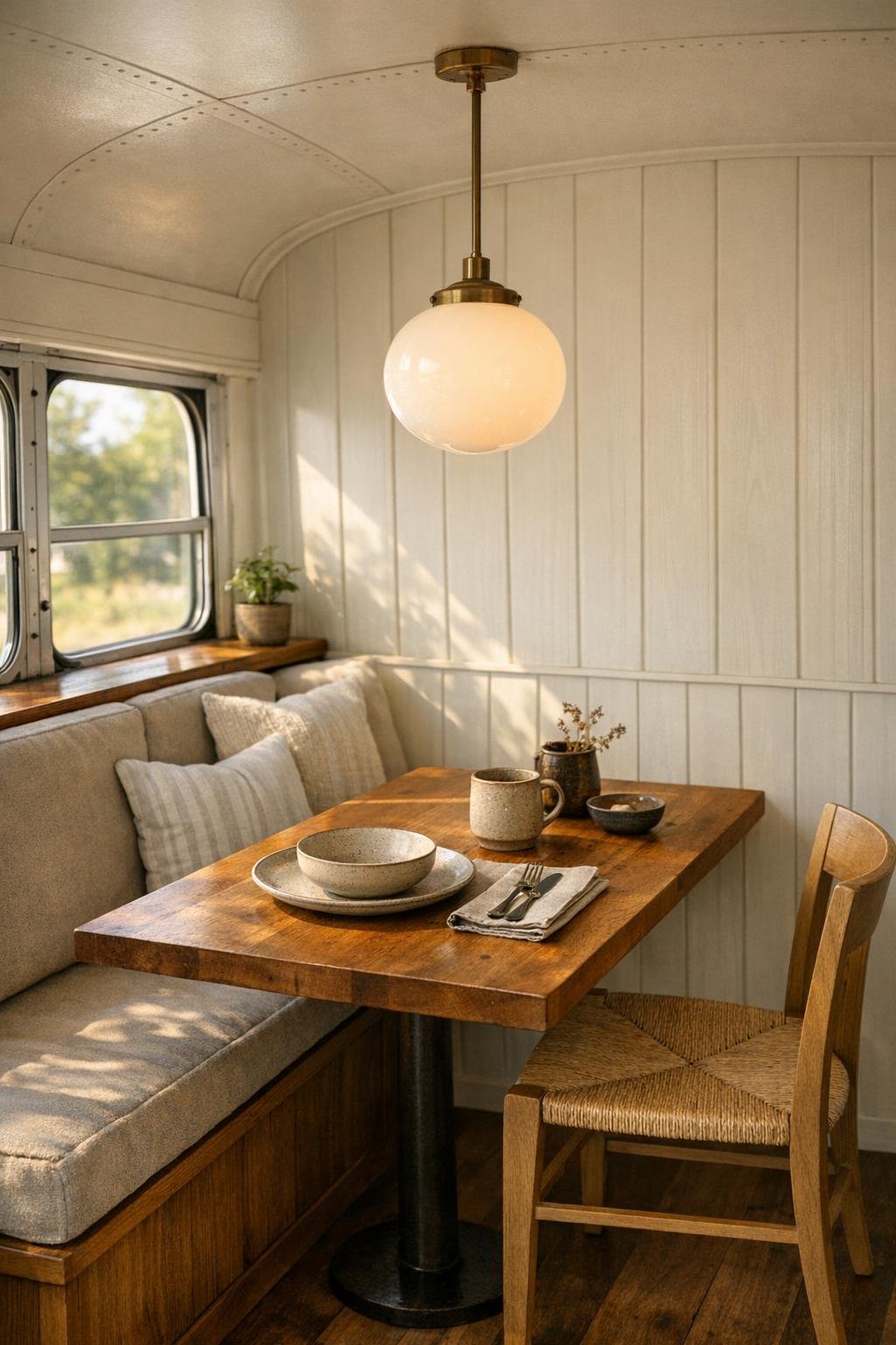 Compact dining nook in the bus with a built-in wood table and soft pendant light
