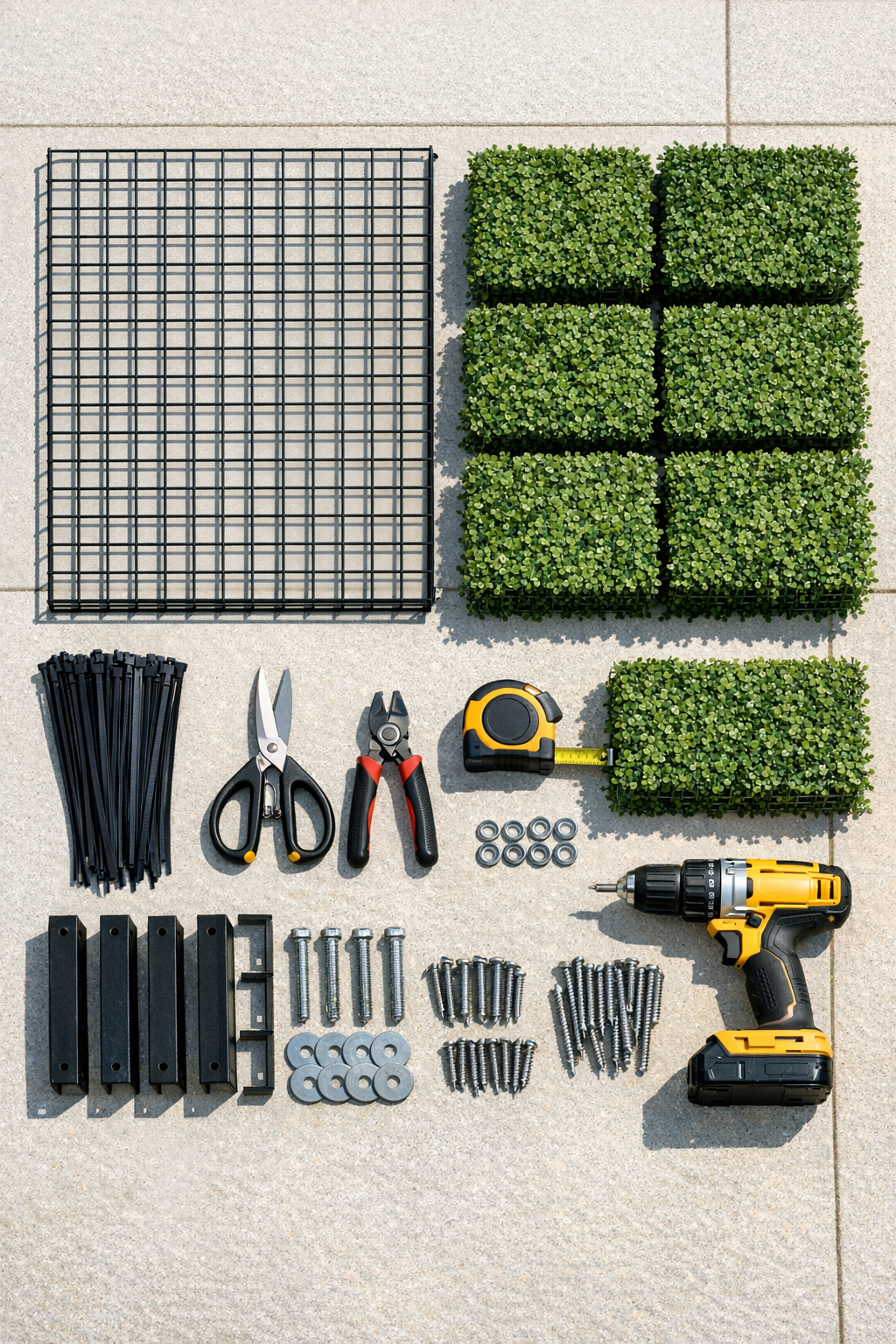 All materials for the patio privacy screen laid out together