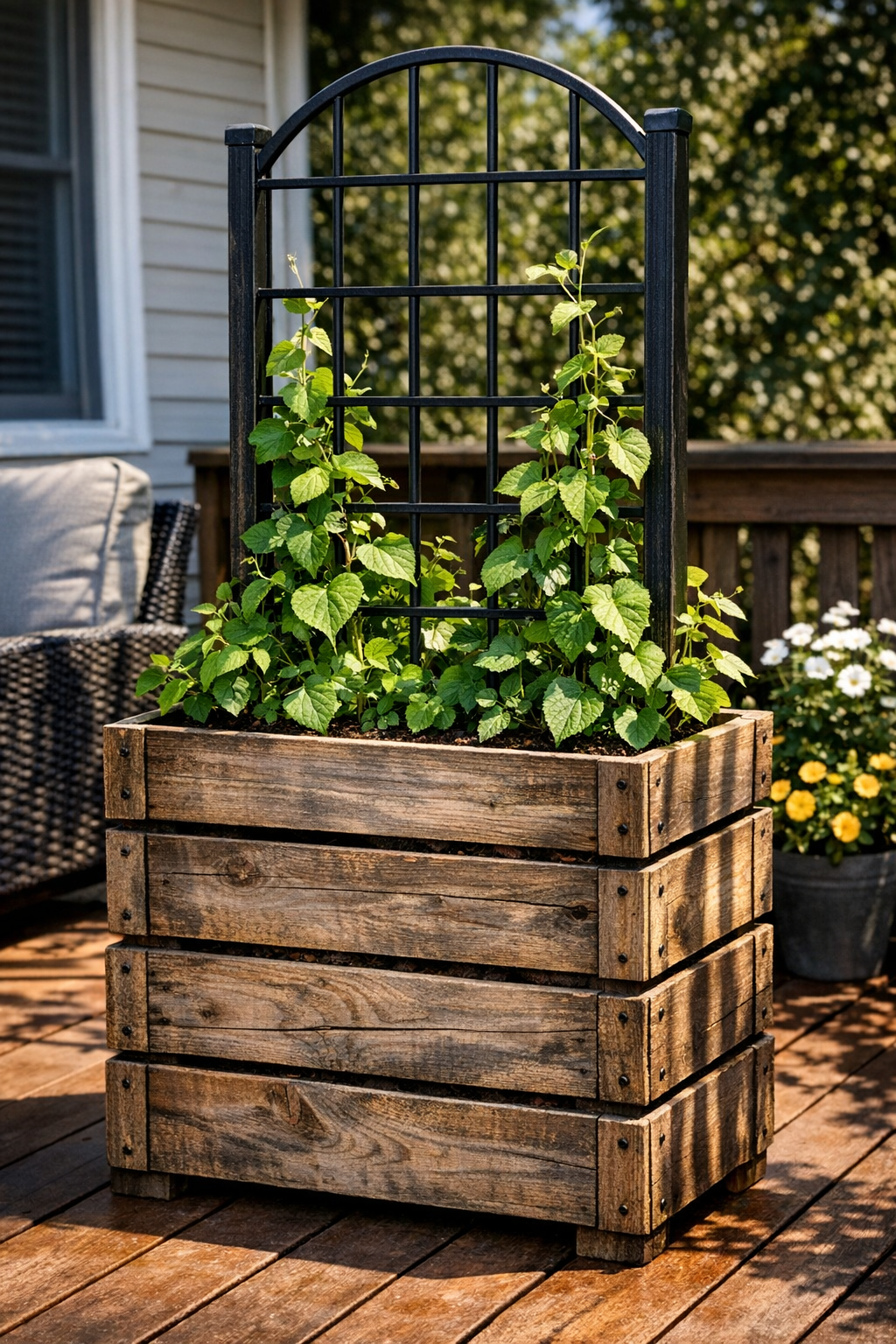 Finished stacked wooden crate privacy planter with black metal trellis on a deck