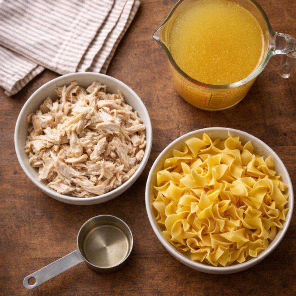 Simple chicken noodle soup ingredients arranged on a counter